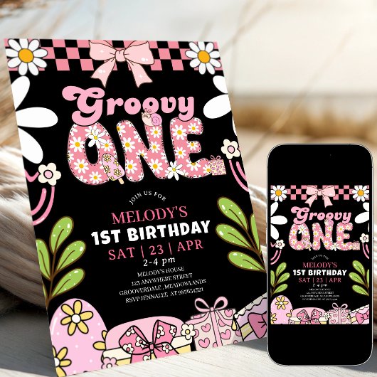 デイジー 1歳の誕生日 ピンクとブラックのレトロな誕生日 招待状