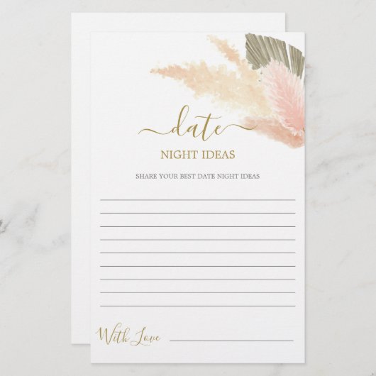 デイトナイトアイディアパンパスグラスブライダルシャワーカード (正面/裏面)