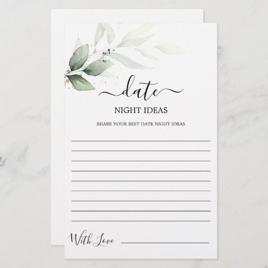 デイトナイトアイディア緑のブライダルシャワーカード (正面/裏面)