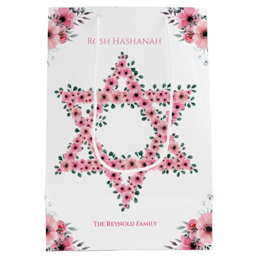 デイビッドピンク花白のロシュ・ハシャナ星 ミディアムペーパーバッグ (裏面)
