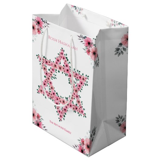 デイビッドピンク花白のロシュ・ハシャナ星 ミディアムペーパーバッグ (裏面アングル)