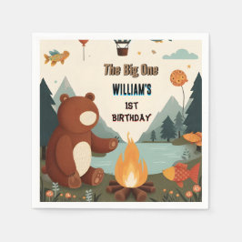 デイブラウンおもしろい魚の男の子かわいいベビークマの最初の誕生日 スタンダードカクテルナプキン