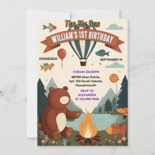 デイブラウンおもしろい魚の男の子かわいいベビークマの最初の誕生日 招待状 (正面)