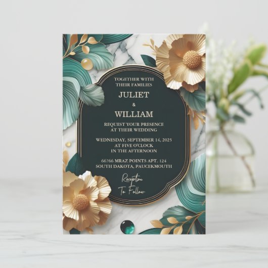 デイマーブルモンスターエメラルドグリーンと金ゴールド結婚ズ 招待状 (スタンド正面)