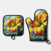 デイリリーデイリーブラワーイエローティール（緑がかった色） パーソナライズされた 鍋つかみ&鍋敷きセット (正面)