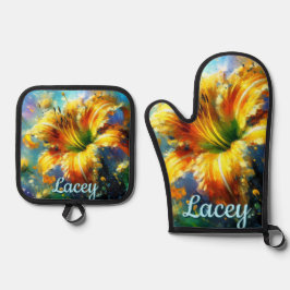 デイリリーデイリーブラワーイエローティール（緑がかった色） パーソナライズされた 鍋つかみ&鍋敷きセット