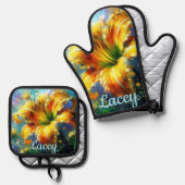 デイリリーデイリーブラワーイエローティール（緑がかった色） パーソナライズされた 鍋つかみ&鍋敷きセット (正面/裏面)
