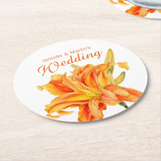 デイリージュエメロカリスフローラ結婚オレンジのコースター ラウンドペーパーコースター (アングル)