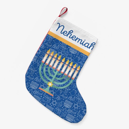 デイヴィッド・ハヌッカブルーホワイトのCherish Hanukkahスター スモールクリスマスストッキング (正面 (吊り時))