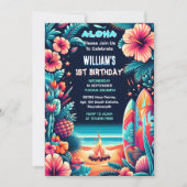 デイ ジョイ フラ ルアウ サーフ アロハ ハワイアン 1歳 誕生日 招待状 (正面)