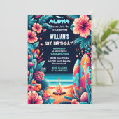 デイ ジョイ フラ ルアウ サーフ アロハ ハワイアン 1歳 誕生日 招待状 (スタンド正面)