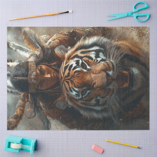 デカップアメリカのインドの戦士の女性を虎で 薄葉紙 (クラフト)