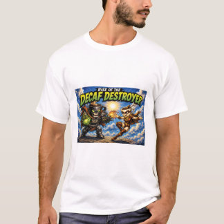 デカフェ・デストロイヤー勃発 コーヒー・スーパーヒーロー・コミック Tシャツ