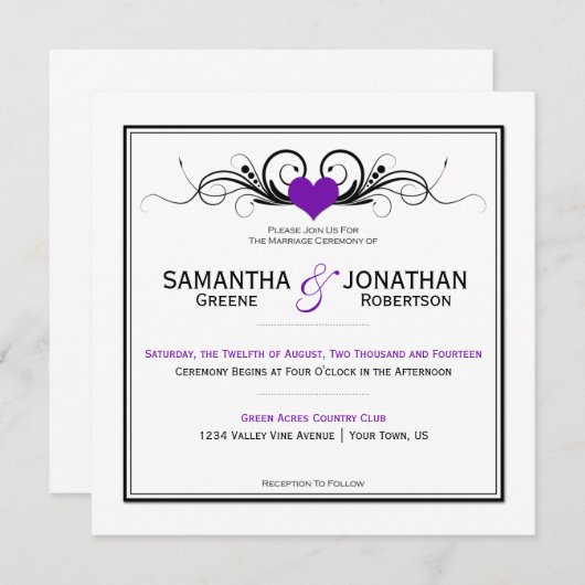 デキセドリン錠の黒は白い結婚式招待状渦巻きます 招待状 (正面/裏面)