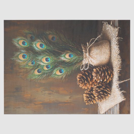 デクパージュ孔雀の羽と松かさの静物画 薄葉紙 (正面)