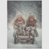 デクパージュ 2 雪が降る中笑う子供たちとそり遊び 薄葉紙 (正面)