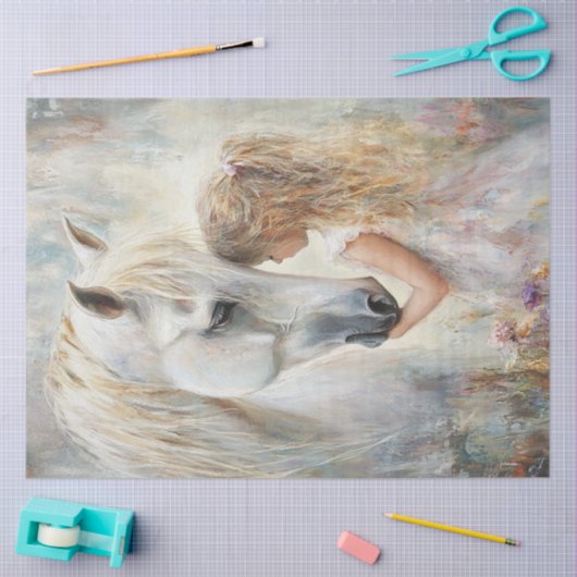 デクペお洒落ージホワイトホース&小さな女の子 薄葉紙 (クラフト)