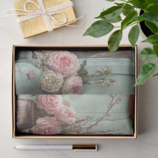 デクページお洒落ティール（緑がかった色）ハイランドとカーフの花 薄葉紙 (ギフト)