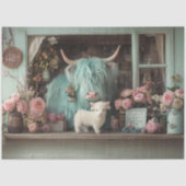 デクページお洒落ティール（緑がかった色）ハイランドとカーフの花 薄葉紙 (正面)