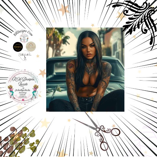 デクページクラシックの車&タトゥーのシックなポスター 薄葉紙