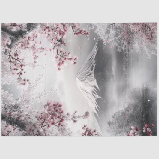 デクページ山富士とさくらんぼの花と湖 薄葉紙 (正面)