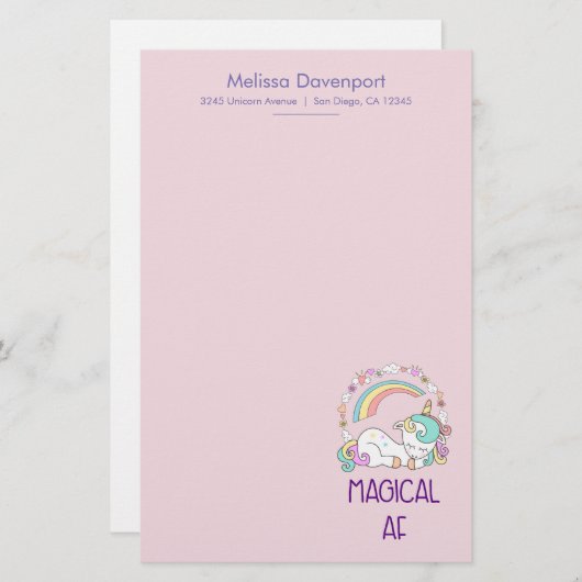 デコおもしろいレーション付きユニコーン魔法ガーリーAF 便箋 (正面/裏面)