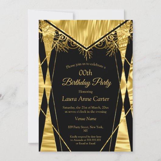 デコエレガントブラック金ゴールドホイルフェイクバースデーパーティー 招待状 (正面)