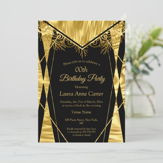 デコエレガントブラック金ゴールドホイルフェイクバースデーパーティー 招待状 (スタンド正面)