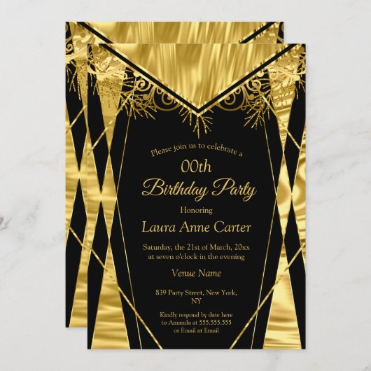 デコエレガントブラック金ゴールドホイルフェイクバースデーパーティー 招待状 (正面/裏面)