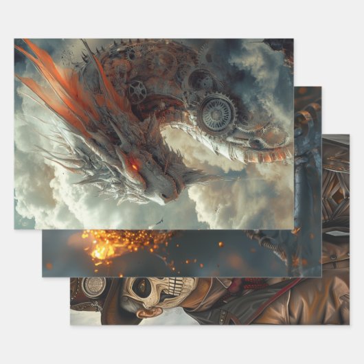 デコップスティームパンク・ドラゴン、スカル、カップル ラッピングペーパーシート (セット)