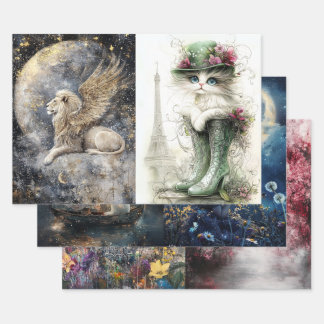 デコップブッダ、女の子ウサギ、タンポポ、猫 ラッピングペーパーシート