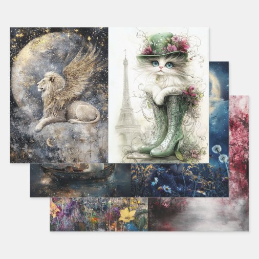 デコップブッダ、女の子ウサギ、タンポポ、猫 ラッピングペーパーシート (セット)