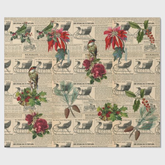 デコップページヴィンテージポインセチア休日の鳥の書き込み ラッピングペーパー (フラット)