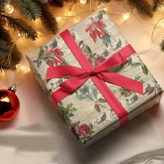 デコップページヴィンテージポインセチア休日の鳥の書き込み ラッピングペーパー