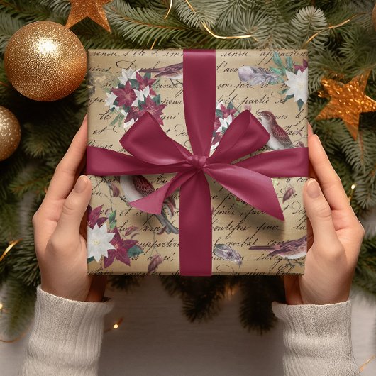 デコップページヴィンテージポインセチア休日の鳥の書き込み ラッピングペーパー