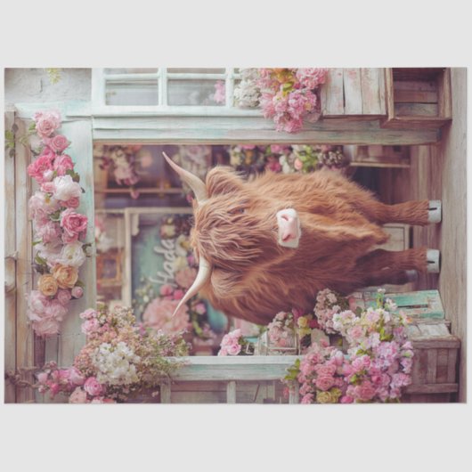 デコッペお洒落ージハイランドカウピンク花屋 薄葉紙 (正面)