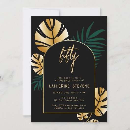 デコトロピカルジャングル金ゴールドボーホフレーム50誕生日 招待状 (正面)