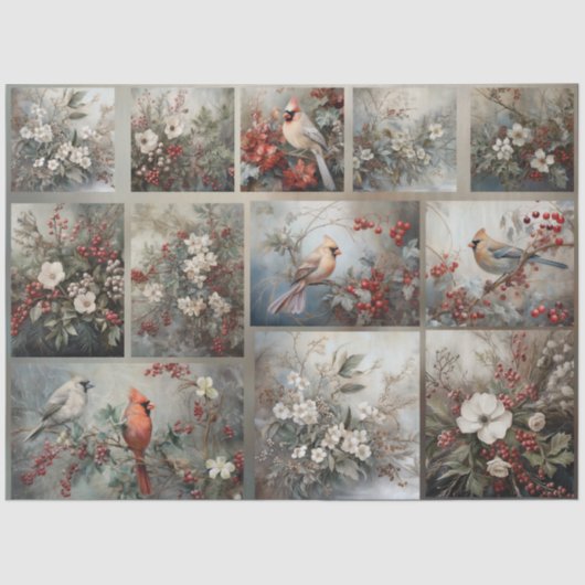 デコパージュのためのクリスマス・カーディナルとウィンター・フローラル 薄葉紙 (正面)