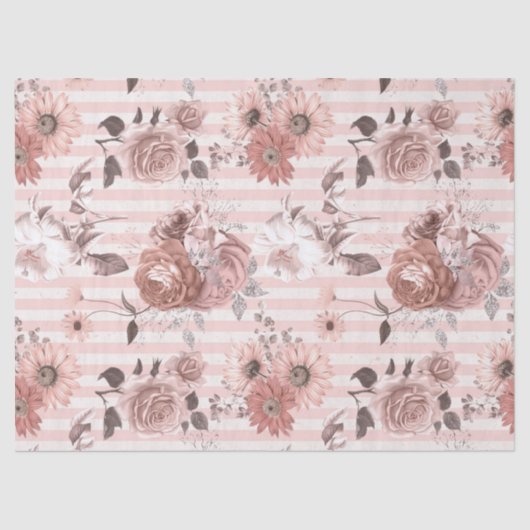 デコパージュのピンクと白の花ストライプの々 薄葉紙 (正面)
