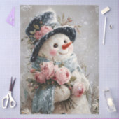 デコパージュのピンクのバラの雪だるま 薄葉紙 (クラフト)
