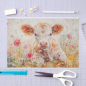 デコパージュ用のワイルドフラワーが咲くかわいいハイランド・カウ 薄葉紙 (クラフト)