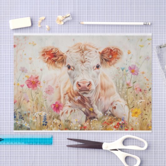 デコパージュ用の野生の花と可愛いハイランド牛 薄葉紙 (クラフト)
