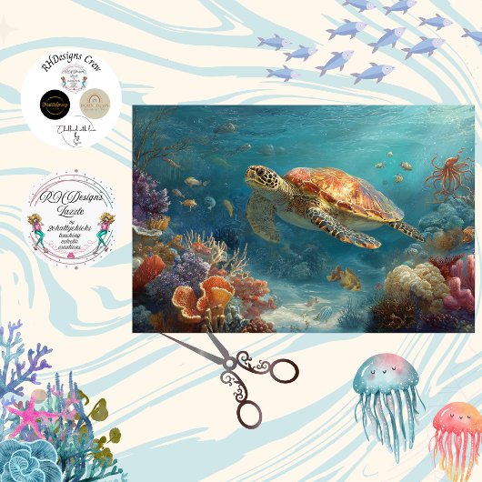デコパージュ タツノオトシゴ サンゴ礁 ウォールアート 薄葉紙