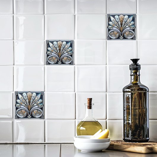 デコビューティフル白黒虹色ガラス金ゴールド タイル