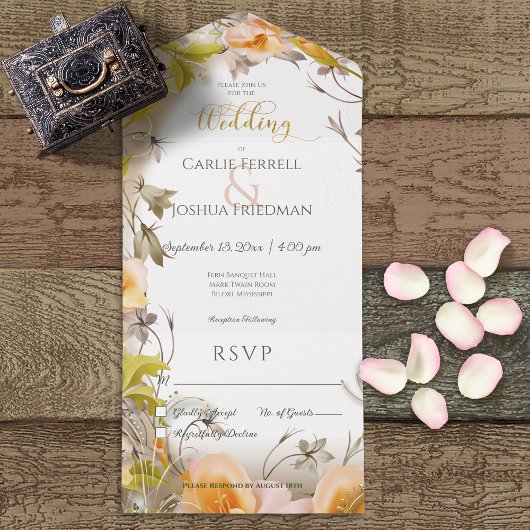 デコピーチモダンフローラホワイトNoディナー オールインワン招待状