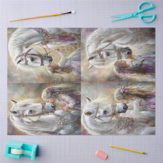 デコペお洒落ージ白馬の装飾と少女 薄葉紙 (クラフト)