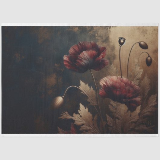 デコページティッシュペーパークリムゾン金ゴールドポピーフラワー 薄葉紙 (正面)