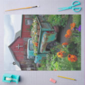 デコページティール（緑がかった色）トラックに花をロード赤い納屋 薄葉紙 (クラフト)