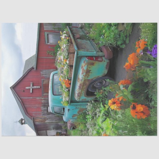 デコページティール（緑がかった色）トラックに花をロード赤い納屋 薄葉紙 (正面)