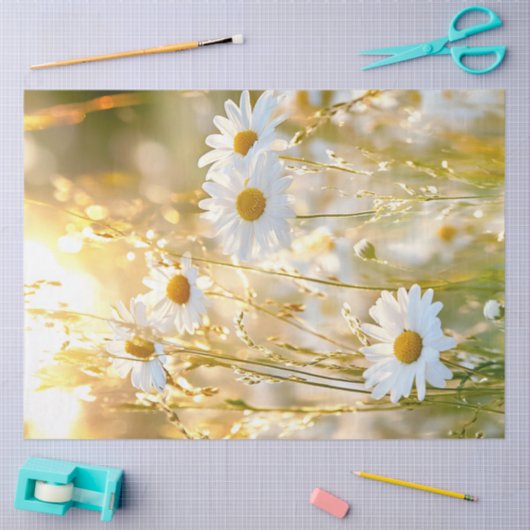 デコページデイジーブライトホワイト&イエローフィールド花 薄葉紙 (クラフト)